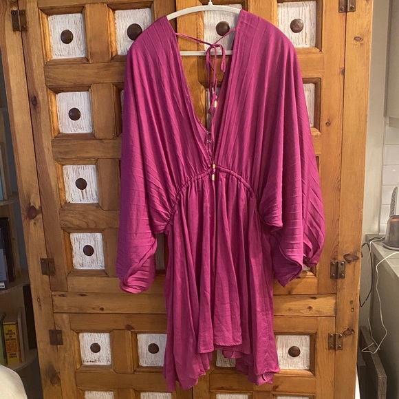 Free People Satiny Magenta Pink Plunging Neck Gathered Tie-Front Dress XL - Picture 4 of 4